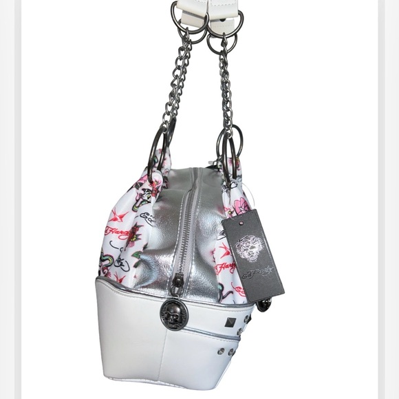 *RESERVED* ED HARDY BLING WHITE SATCHEL SKULLS RHINESTONE HEARTS ROSES CHARMS - Picture 5 of 15
